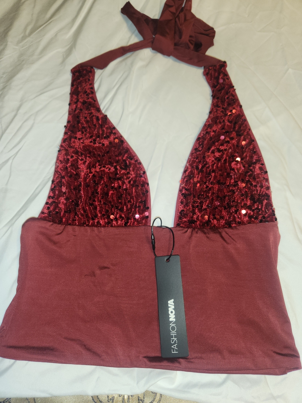 Fashion Nova Burgundy Sequin Halter Crop Top